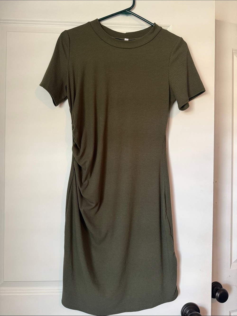 Olive Short-Sleeve Ribbed Midi Dress with Side Drape